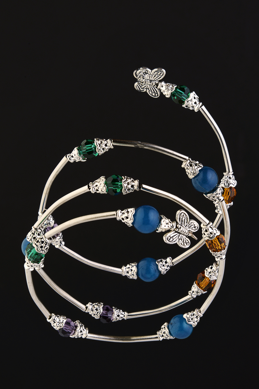 Green Onyx & Crystal Spiral Bangle