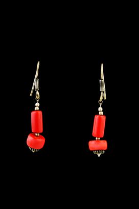 Red Coral Earrings - Long & Wide Cylindrical Beads