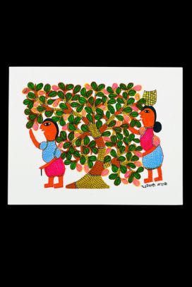 Tribal Women Walking Around Tree - Gond Painting